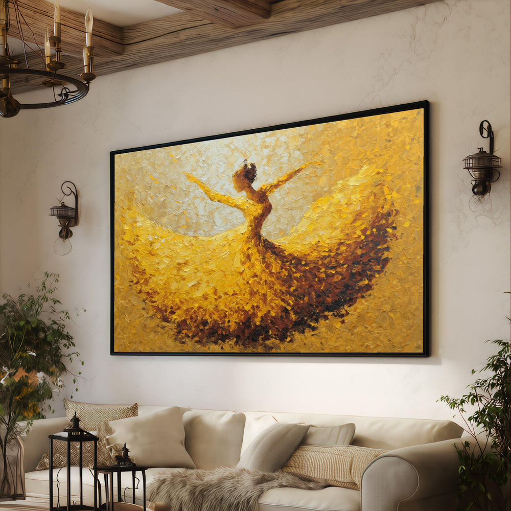 Graceful Yellow Dress Dance, Impressionist Ballerina Canvas, Abstract Movement Wall Art, Elegant Female Silhouette Canvas, Home Decor