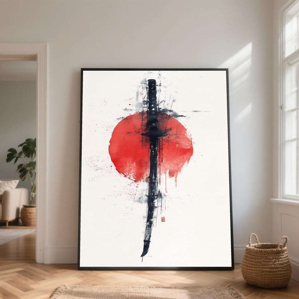 Japanese Katana Sword Canvas, Red Sun Abstract Art, Samurai Wall Decor, Martial Arts Canvas, Oriental Brushstroke Painting