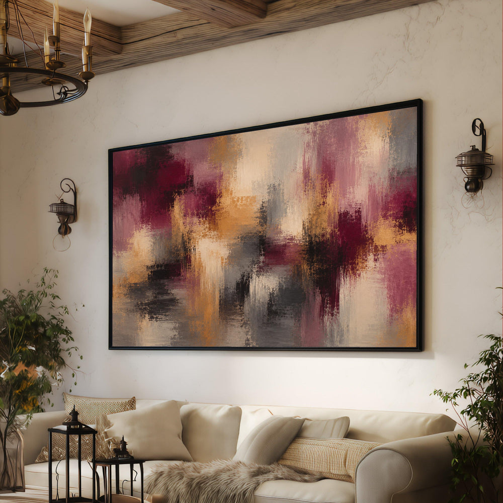 Warm Autumn Abstract Canvas Wall Art, Modern Colorful Painting, Maroon and Gold Home Decor, Large Living Room Canvas