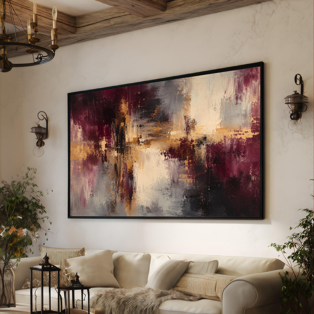 Modern Abstract Canvas Wall Art, Burgundy Gold Grey Painting, Contemporary Home Decor, Large Living Room Wall Decoration