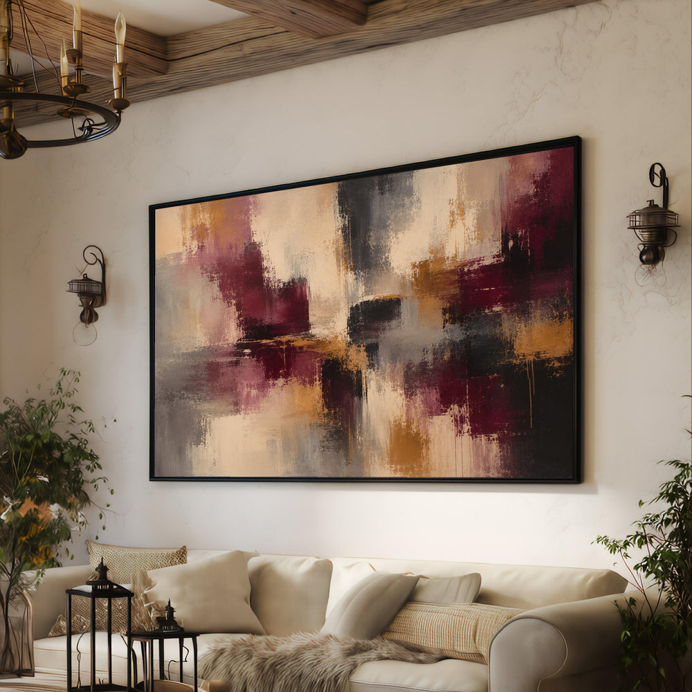 Modern Abstract Canvas Wall Art, Burgundy and Gold Painting, Contemporary Home Décor, Geometric Color Blocks, Large Wall Decoration