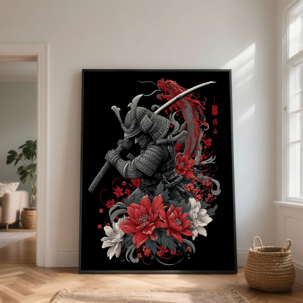 Fierce Samurai Warrior Canvas, Red Dragon Art, Traditional Japanese Armor, Floral Wall Decoration, Asian Mythology Canvas