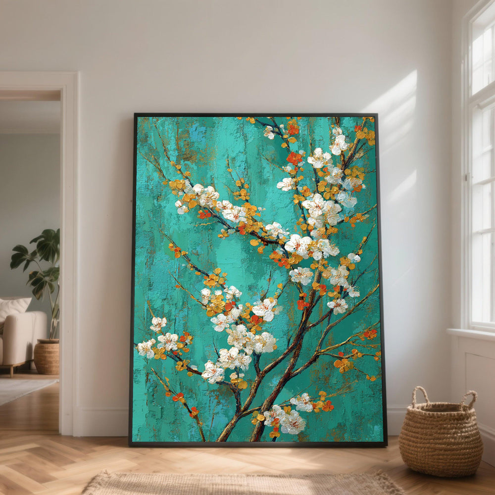 Cherry Blossom Branch Canvas Wall Art, Floral Nature Painting, Spring Flowers Canvas, Turquoise Background Wall Decor, Ready to Hang Art