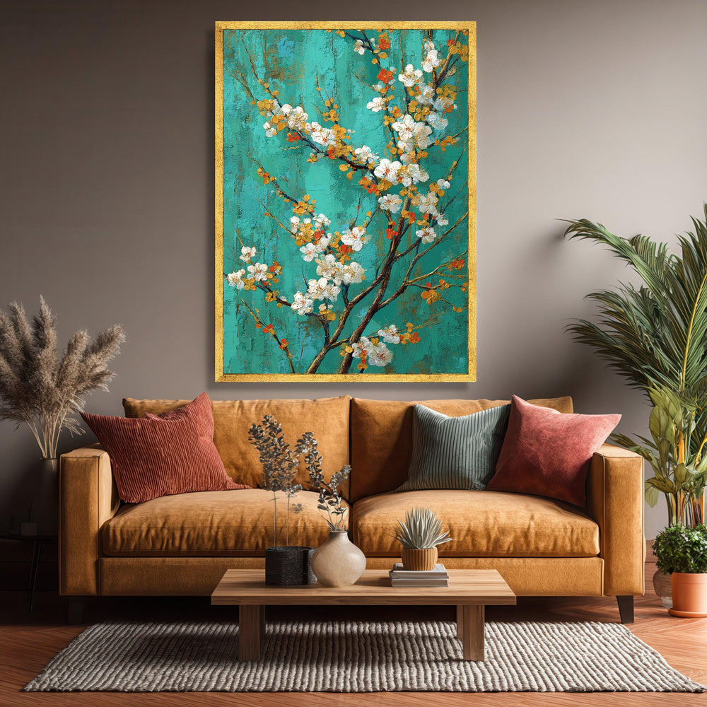 Cherry Blossom Branch Canvas Wall Art, Floral Nature Painting, Spring Flowers Canvas, Turquoise Background Wall Decor, Ready to Hang Art