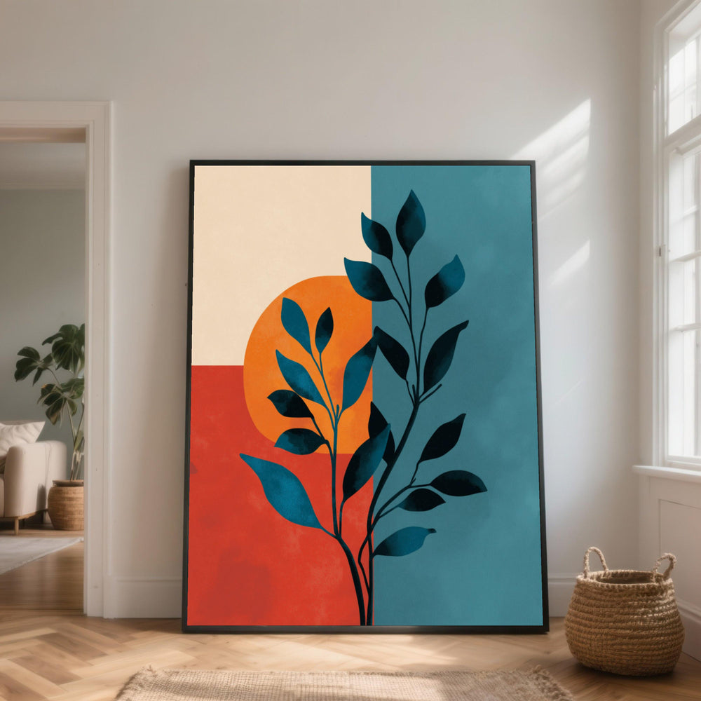 Abstract Botanical Canvas Wall Art, Modern Leaf Silhouette, Geometric Color Block Design, Contemporary Home Decoration