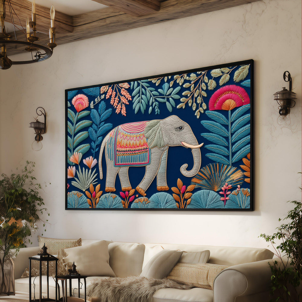 Embroidered Elephant Canvas, Colorful Floral Border, Exotic Animal Wall Art, Boho Home Decoration, Ready to Hang Canvas