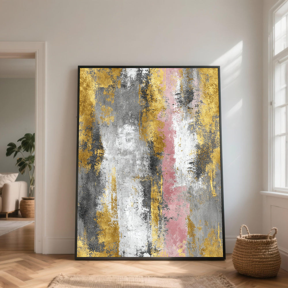 Modern Abstract Canvas Wall Art, Gold and Pink Brush Strokes, Contemporary Home Decoration, Metallic Color Palette Canvas