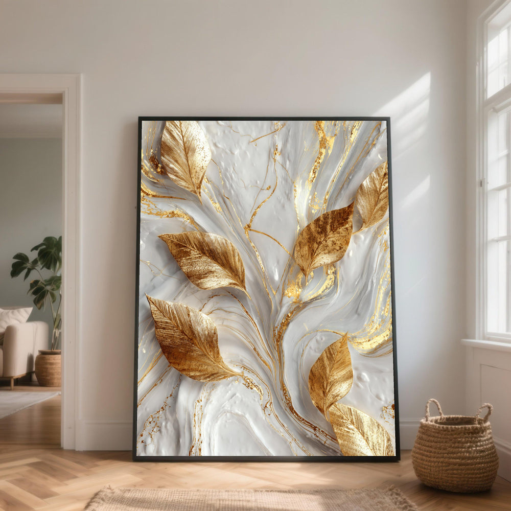 Golden Leaves Abstract Canvas, Marble Swirl Wall Art, Luxury Home Decor,Contemporary Canvas Art