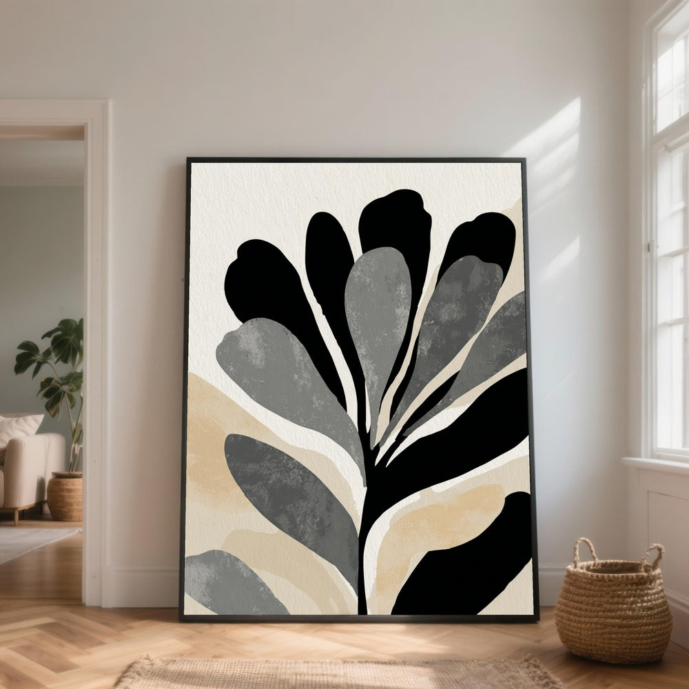 Abstract Black and Gray Leaf Canvas, Minimalist Botanical Wall Art, Neutral Tones Canvas, Modern Nature Print, Ready to Hang Decor