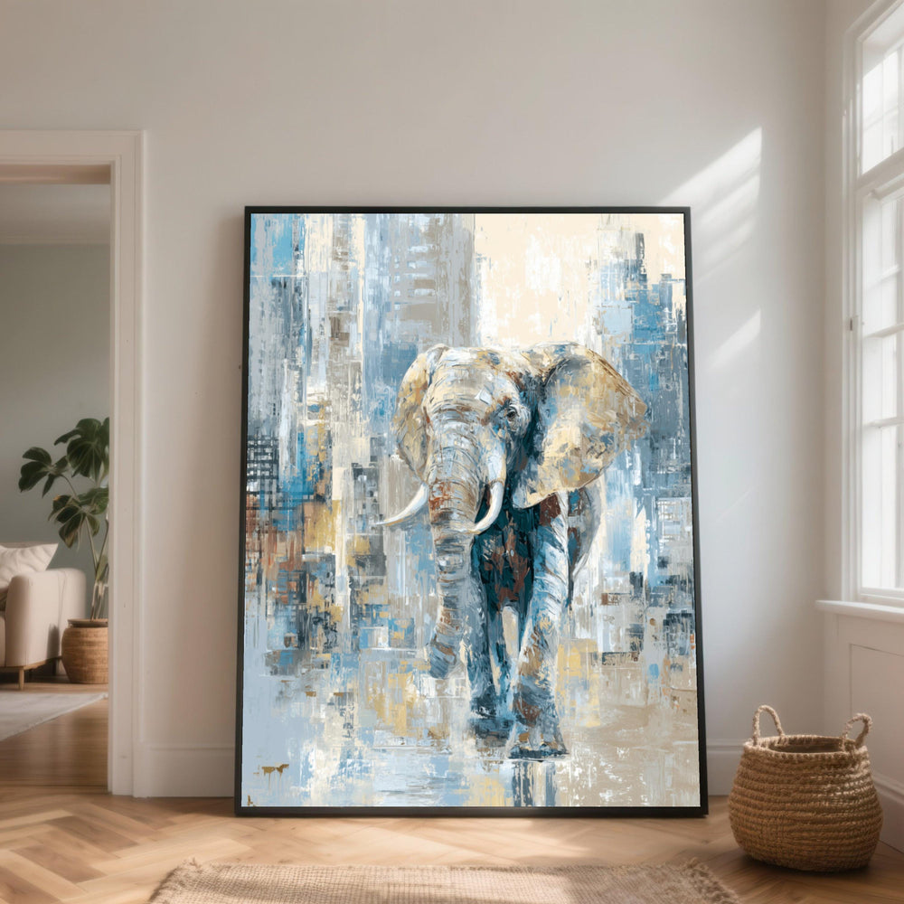 Majestic Elephant Canvas Wall Art, Modern Abstract Wildlife Painting, Large Animal Home Decor, Blue and Beige Art for Living Room