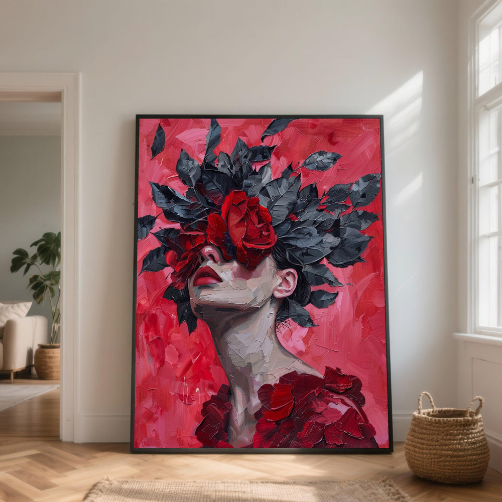 Bold Red Rose Portrait, Modern Floral Canvas, Woman Face Wall Art, Surreal Nature Design, Decorative Canvas Painting