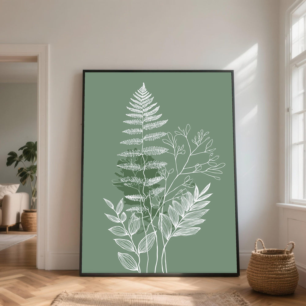Minimalist White Botanical Leaves Canvas, Green Background Wall Art, Modern Nature Canvas, Elegant Home Decoration, Ready to Hang Plant