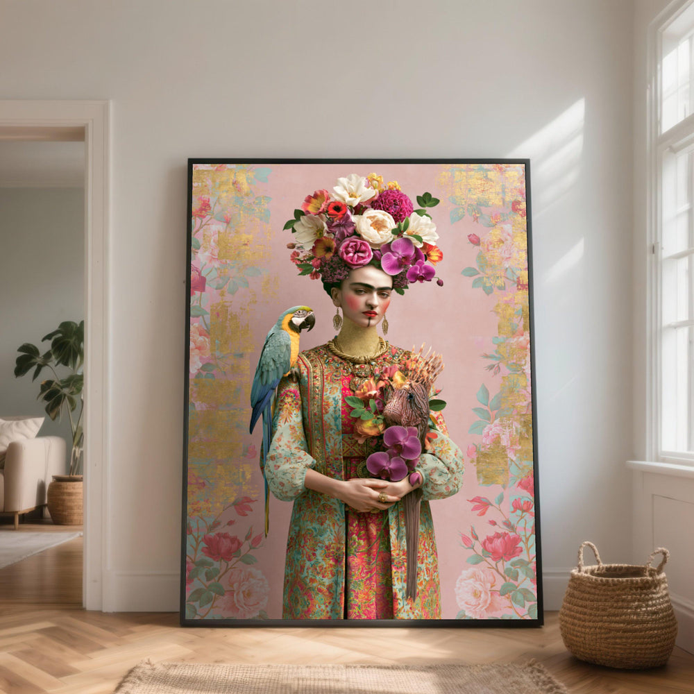 Frida Kahlo Portrait Canvas, Ethnic Fashion Wall Art, Parrot and Bloom Home Decor, Artistic Canvas Painting for Living Room