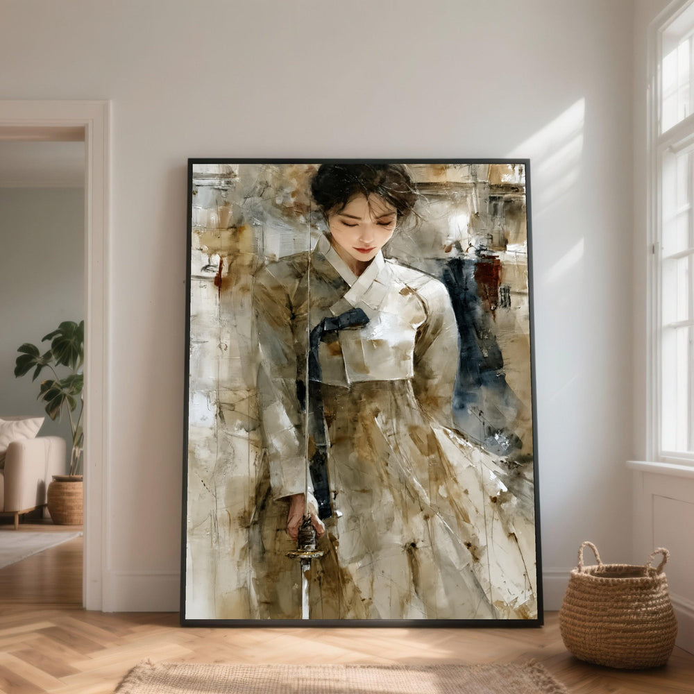Elegant Woman with Sword Canvas, Traditional Korean Hanbok Portrait, Asian Female Figure Art, Calm Expression Wall Decor, Modern Artistic