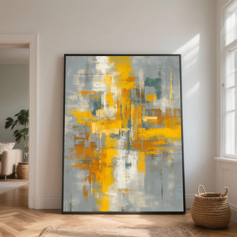 Modern Abstract Composition Canvas Wall Art, Yellow and Gray Urban Decor, Contemporary Geometric Canvas, Vibrant Living Room Decoration