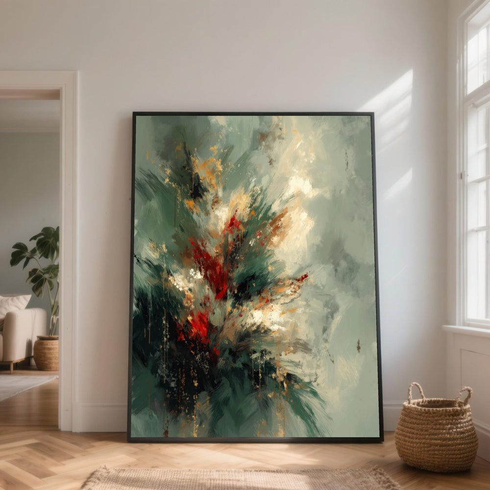 Abstract Floral Burst Canvas Wall Art, Modern Botanical Design, Red and Green Decorative Painting, Nature Canvas Decor