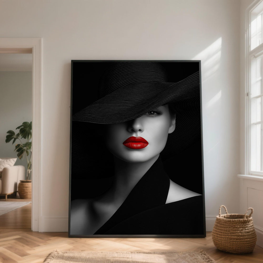 Elegant Woman Portrait Canvas, Red Lips Fashion Art, Black Hat Wall Decor, Glamour Face Canvas, Modern Home Decoration