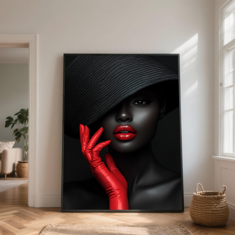 Elegant Woman Portrait Canvas, Black Hat and Red Gloves, Glamorous Lipstick Wall Art, Fashion Beauty Canvas, Home Decor Accent