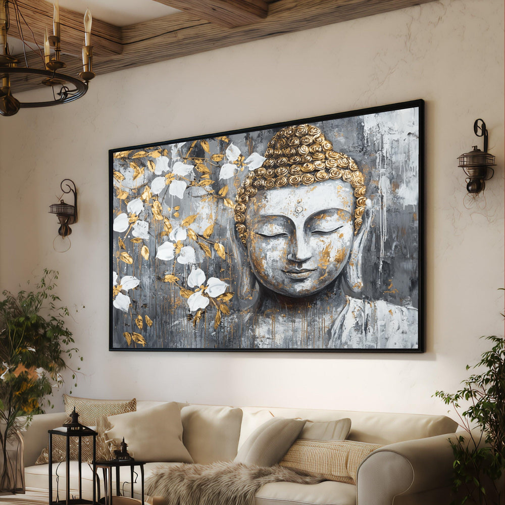 Tranquil Buddha Face Canvas, Floral Branch Wall Art, Zen Meditation Decor, Spiritual Canvas Art, Home Serenity Decoration