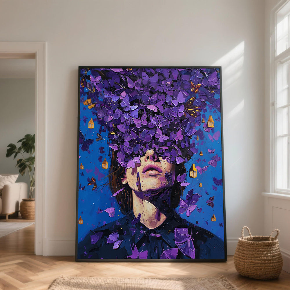 Surreal Purple Butterfly Burst, Woman Face Canvas Wall Art, Abstract Nature Canvas, Dreamlike Home Decoration, Vibrant Blue Background