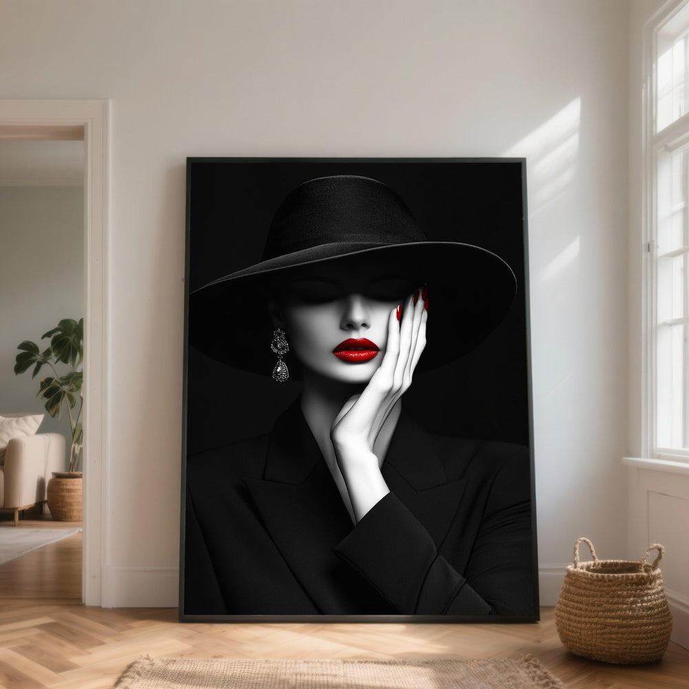 Elegant Woman Black Hat Canvas, Red Lipstick Portrait, Glamour Fashion Wall Art, Chic Female Canvas Decor, Sophisticated Monochrome Art