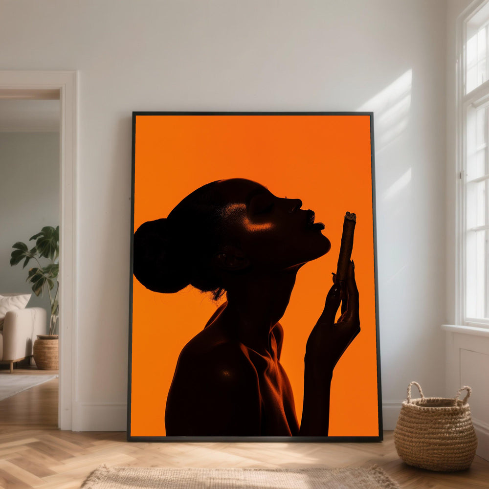 Elegant Silhouette with Cigar, Modern Minimalist Canvas, Orange Background Wall Art, Contemporary Portrait Canvas, Luxury Home Décor