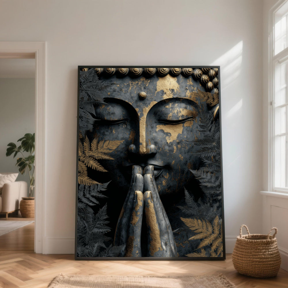 Tranquil Buddha Face Canvas Wall Art, Gold and Black Meditation Decor, Zen Spiritual Canvas, Peaceful Home Decoration, Prayer Hands Artwork