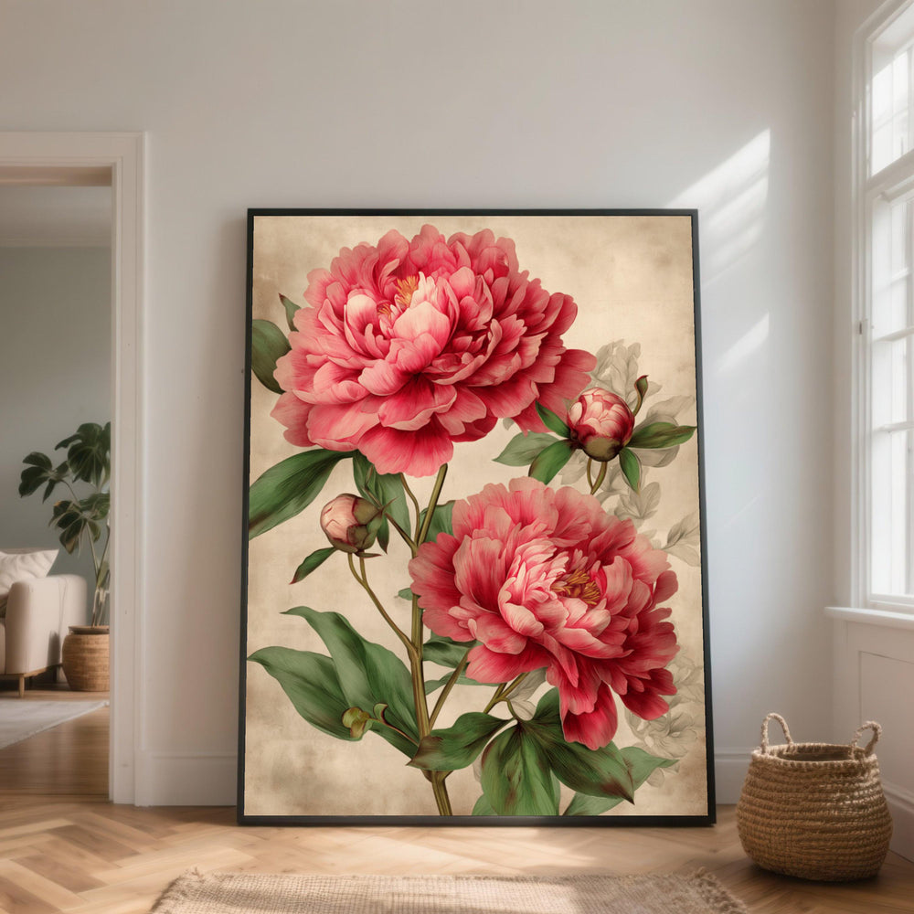 Vintage Pink Peony Blooms Canvas, Floral Wall Art, Botanical Canvas Print, Classic Garden Decor, Nature Illustration Canvas