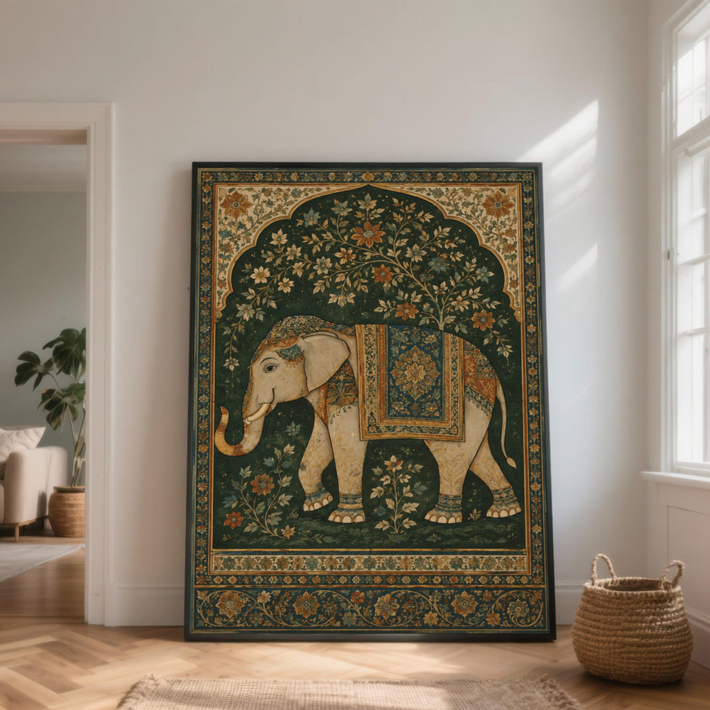 Ornate Elephant Canvas Wall Art, Vintage Floral Indian Design, Traditional Wildlife Canvas, Nature Decor for Living Room, Ready to Hang