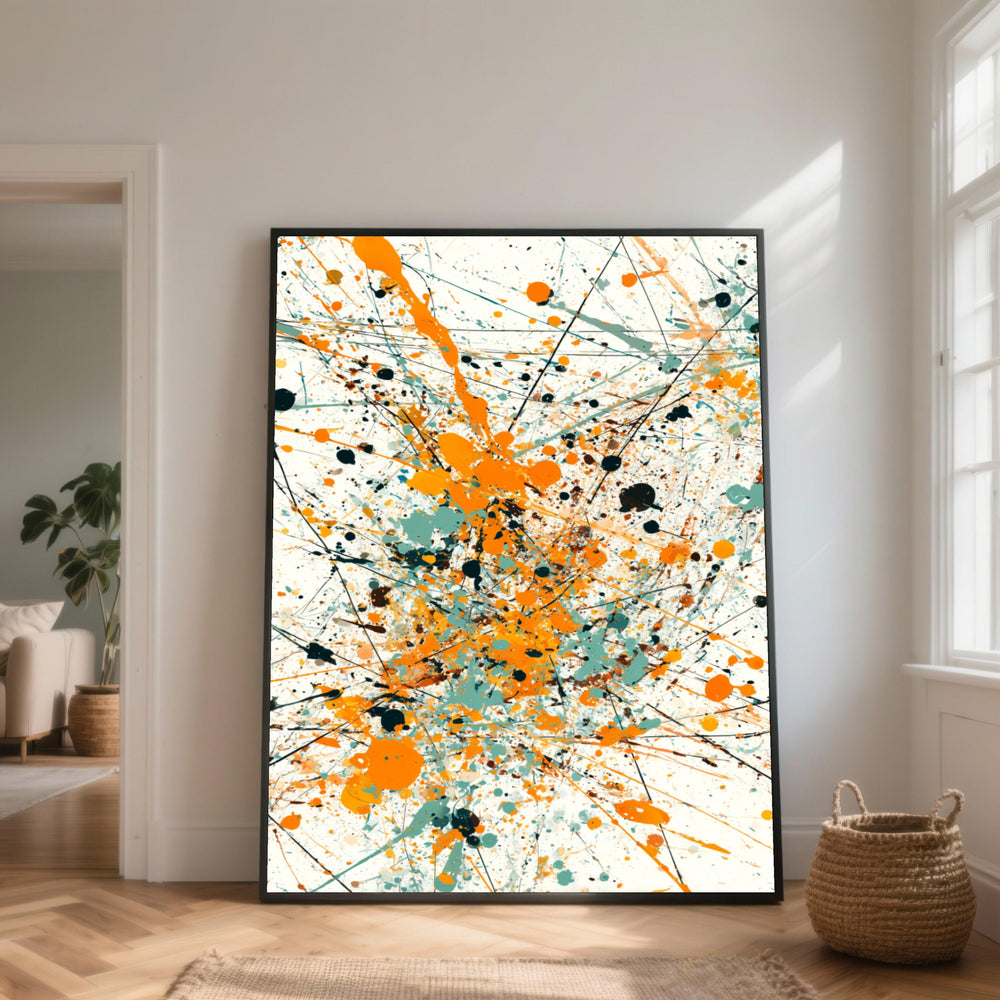 Energetic Splatter Canvas Wall Art, Vibrant Orange and Teal Abstract Painting, Dynamic Splash Design, Modern Home Decor Canvas