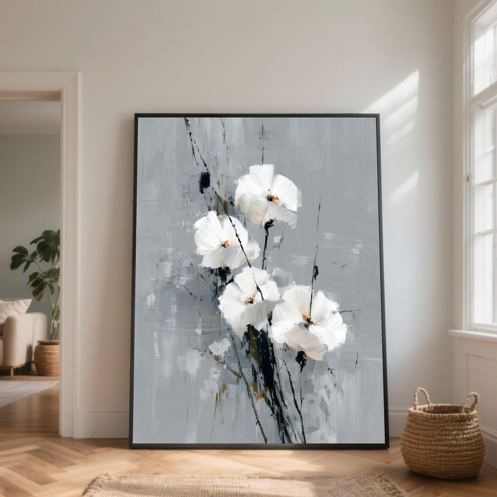 Elegant White Floral Canvas Wall Art, Modern Abstract Flower Painting, Soft Gray Background, Botanical Home Decor, Ready to Hang Canvas