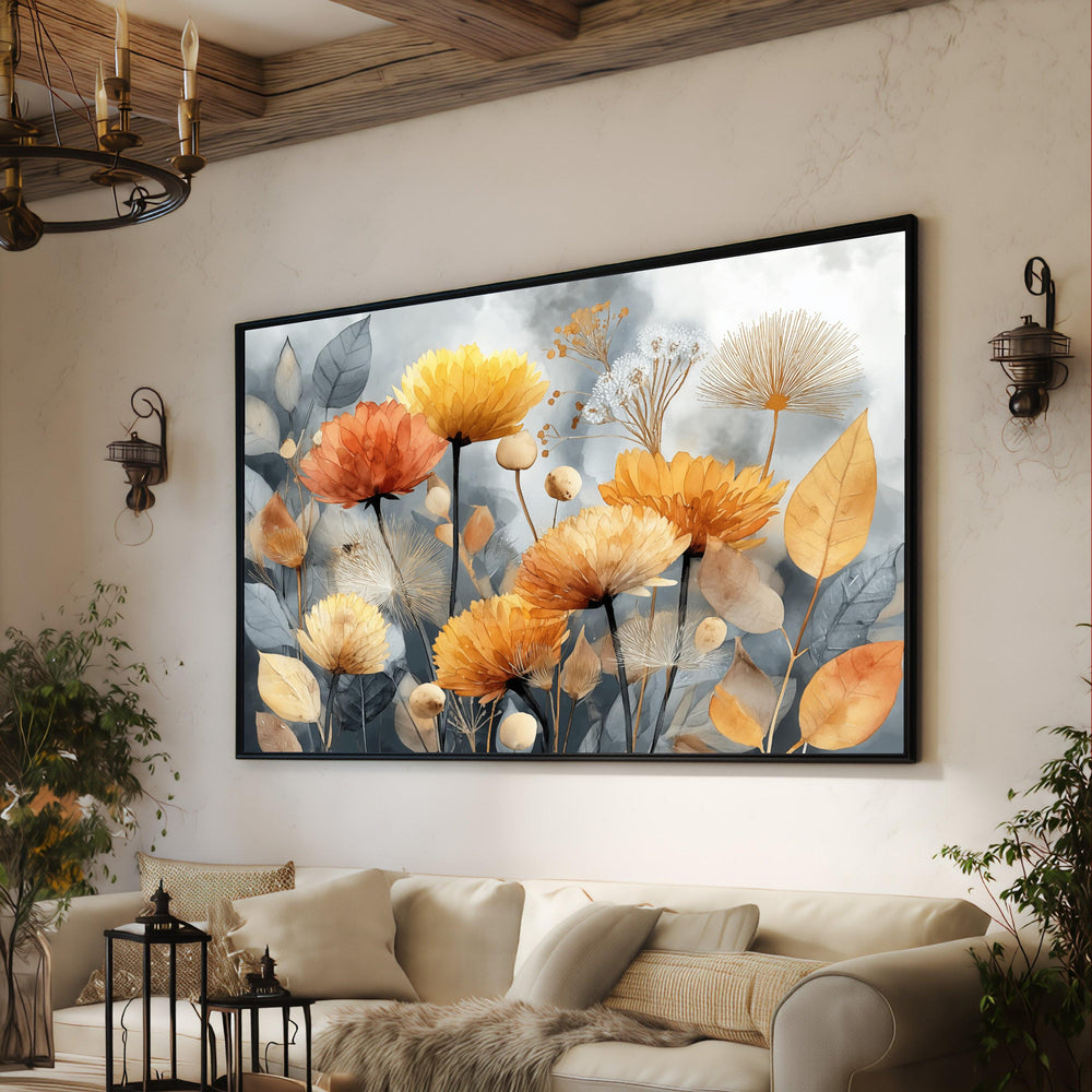 Autumn Bloom Bouquet Canvas, Rustic Floral Wall Art, Yellow Orange Flowers, Nature Botanical Canvas, Elegant Home Decoration