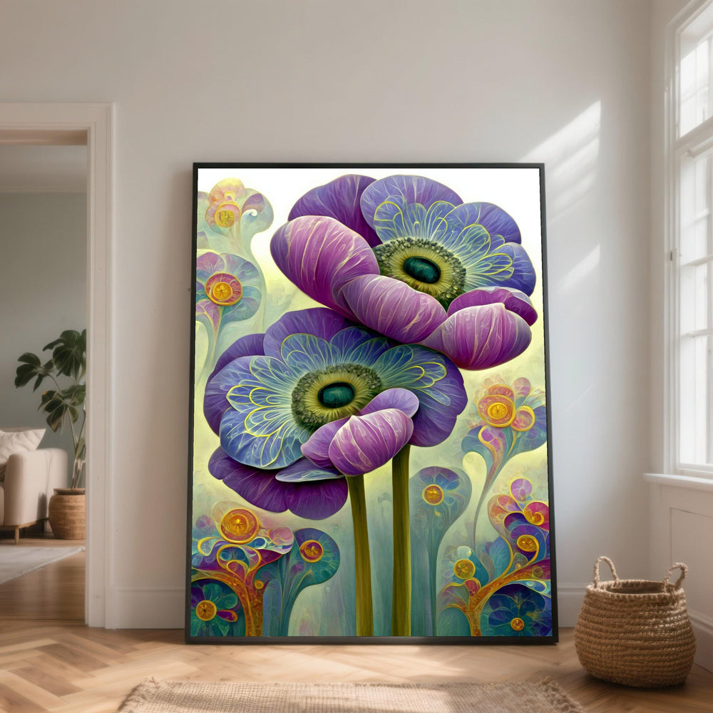 Vibrant Purple Blue Anemone Flowers Canvas, Floral Wall Decor, Modern Garden Canvas Art, Colorful Flower Canvas for Living Room