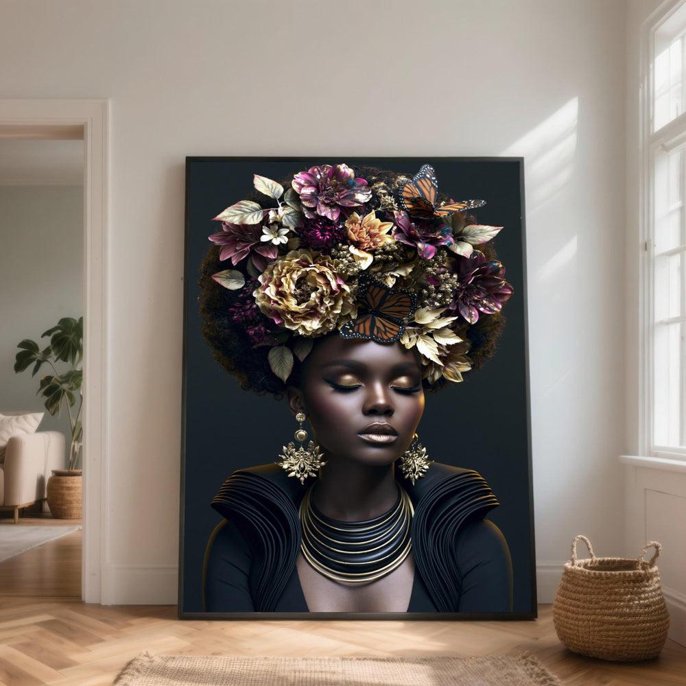Elegant African Woman with Floral Crown and Butterflies, Portrait Canvas Wall Art, Black Beauty Decoration, Modern Home Art, Ready to Hang