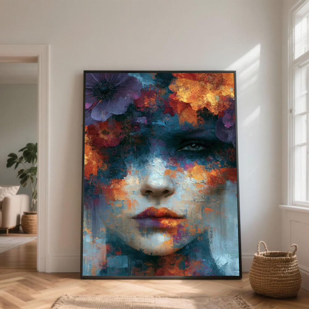 Abstract Female Portrait Canvas, Colorful Floral Face Art, Modern Wall Decoration, Vibrant Mixed Media Canvas, Contemporary Home Art