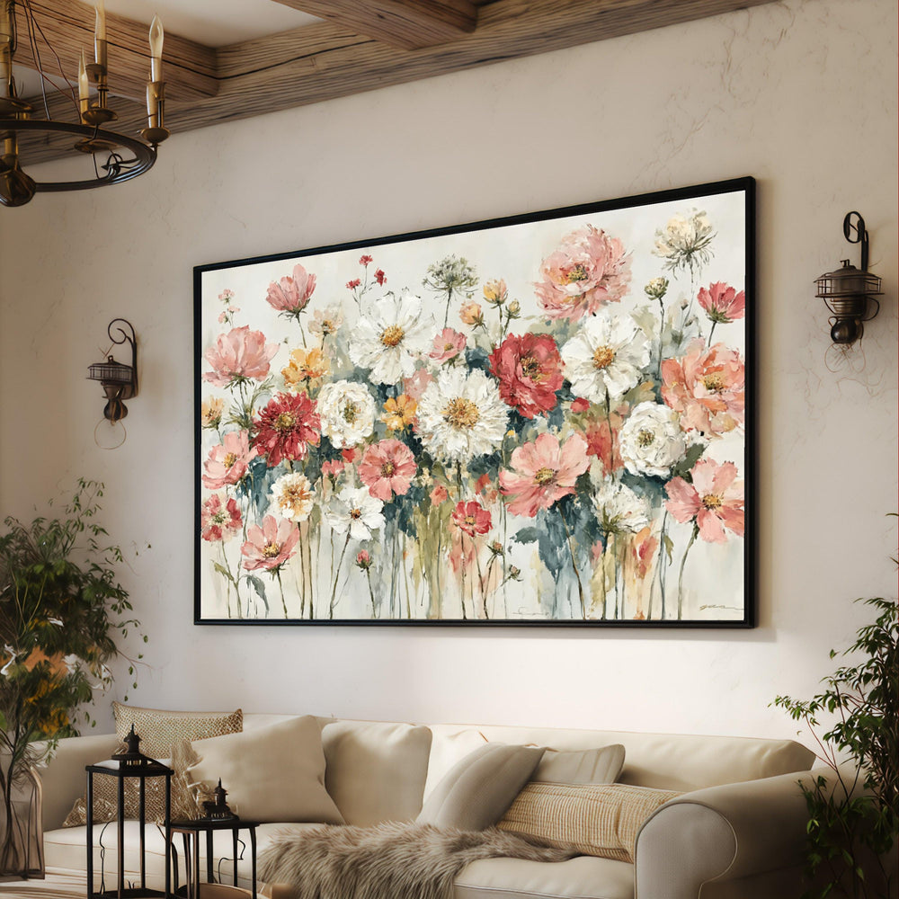 Soft  Floral Bouquet Canvas, Elegant Garden Flowers Wall Art, Springtime Blossom Canvas Decoration, Large Flower Canvas Print