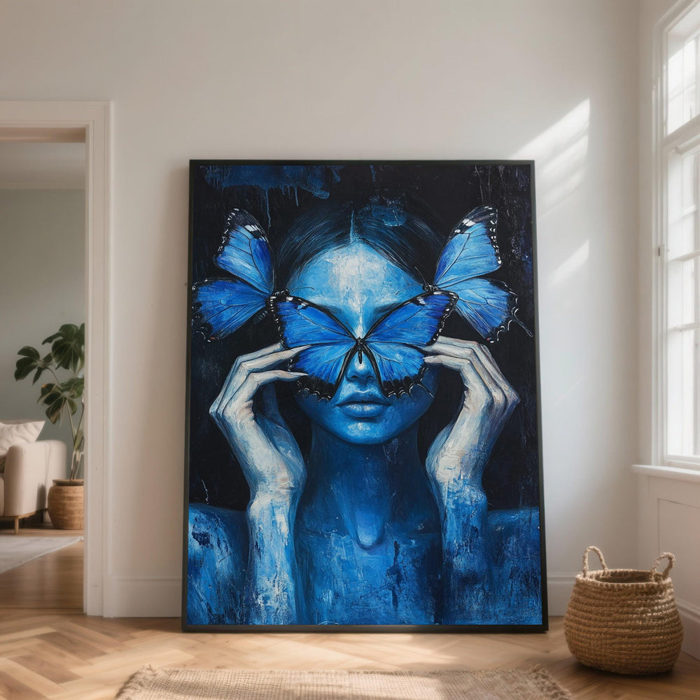 Blue Woman Portrait with Butterflies Canvas, Surreal Female Art, Butterfly Face Cover, Modern Wall Decoration, Blue Tone Canvas Wall Art
