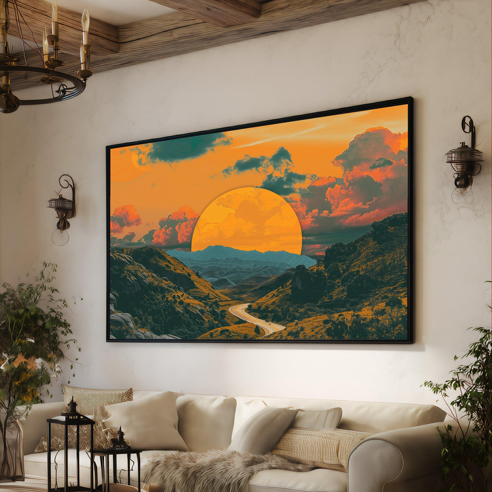Golden Sunset Over Winding Mountain Road Canvas, Scenic Landscape Wall Art, Vibrant Sky and Hills Decor, Nature Canvas Painting