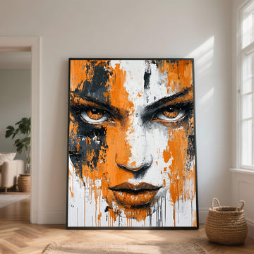 Intense Gaze Abstract Portrait Canvas, Orange Black White Face Wall Art, Modern Expressionist Canvas, Bold Home Decoration