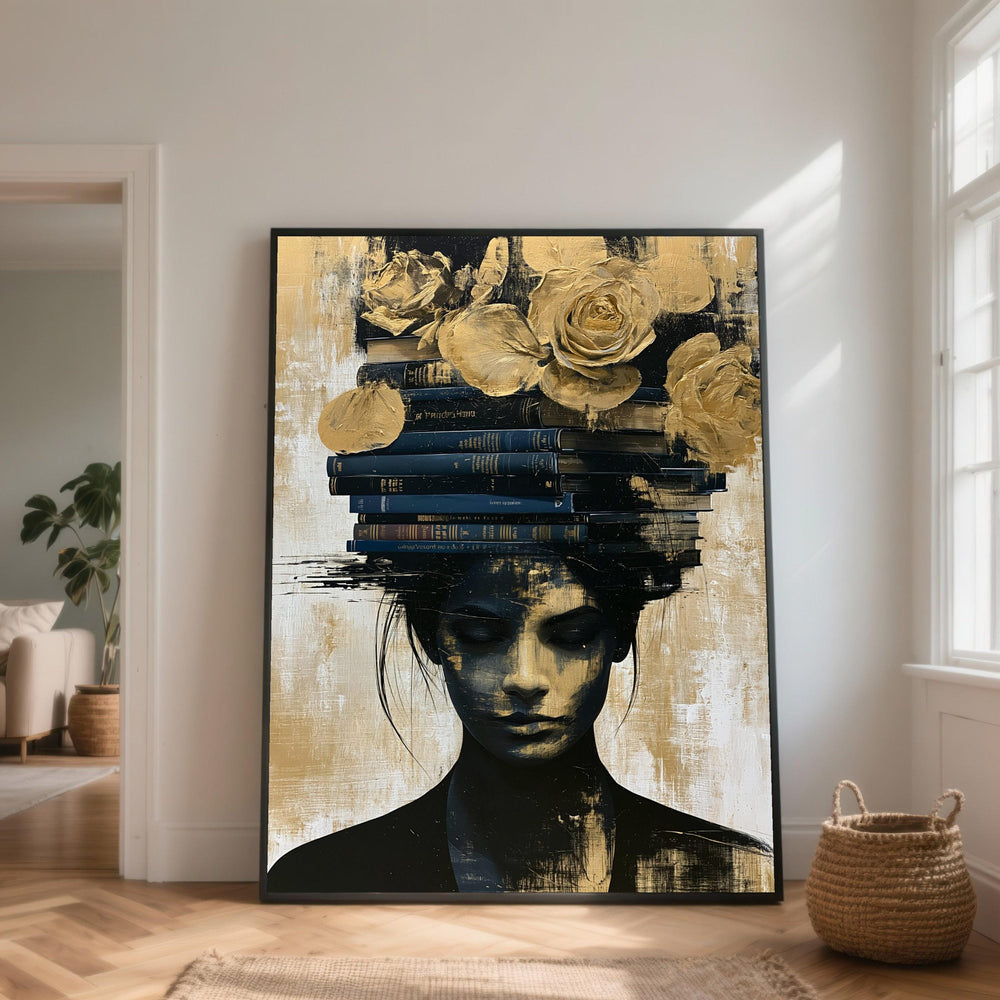 Woman Portrait with Books and Gold Roses Canvas, Modern Abstract Wall Art, Black and Gold Home Decor, Intellectual Art Print Canvas, Elegant