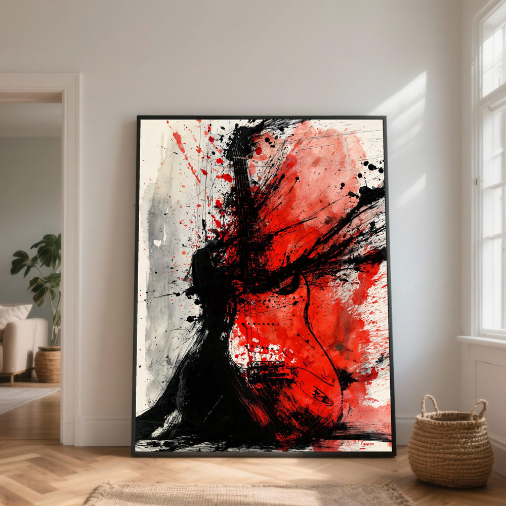 Electric Guitar Abstract Splash Canvas, Red Black Music Wall Art, Modern Rock Instrument Decor, Dynamic Canvas for Home