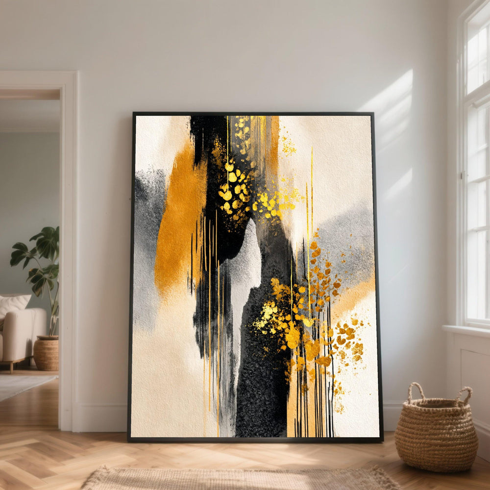 Modern Abstract Canvas Wall Art, Black and Gold Splash Design, Vertical Contemporary Home Decoration, Elegant Living Room Canvas