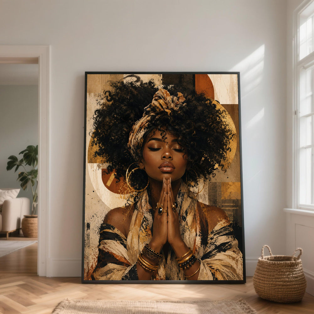 Elegant African Woman Portrait Canvas, Afrocentric Wall Art, Boho Chic Home Decor, Spiritual Meditation Canvas, Modern Ethnic Wall Design