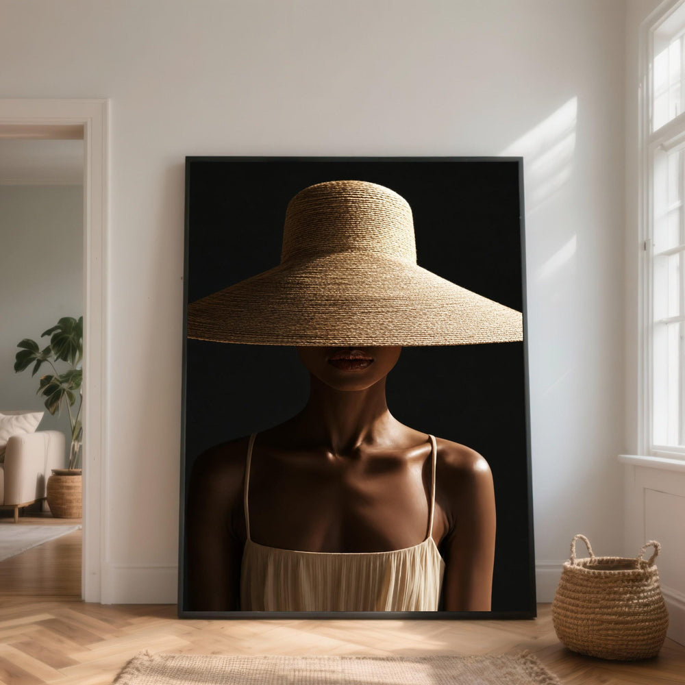 Elegant Woman with Wide Brim Straw Hat Canvas, Fashion Portrait Wall Art, Minimalist Female Silhouette, Modern Home Decoration, Stylish