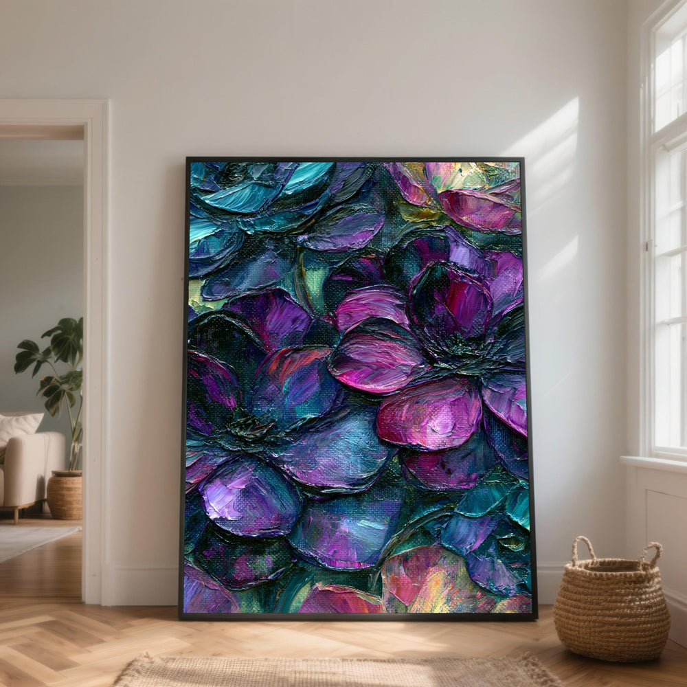 Vibrant Purple Flowers Canvas Wall Art, Modern Floral Painting, Deep Color Garden Decor, Abstract Botanical Canvas, Home Wall Decoration