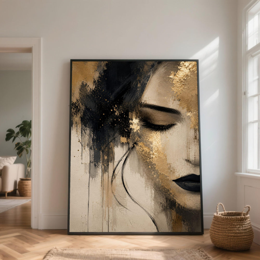 Elegant Woman Face Canvas, Gold Black Abstract Portrait, Modern Female Wall Art, Emotional Expression Canvas, Contemporary Home Decor
