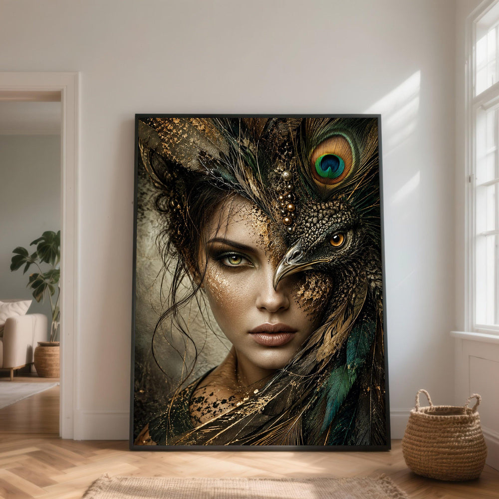 Mystical Woman and Peacock Face Fusion Canvas, Dramatic Portrait Wall Art, Nature and Human Connection Canvas, Elegant Home Decoration