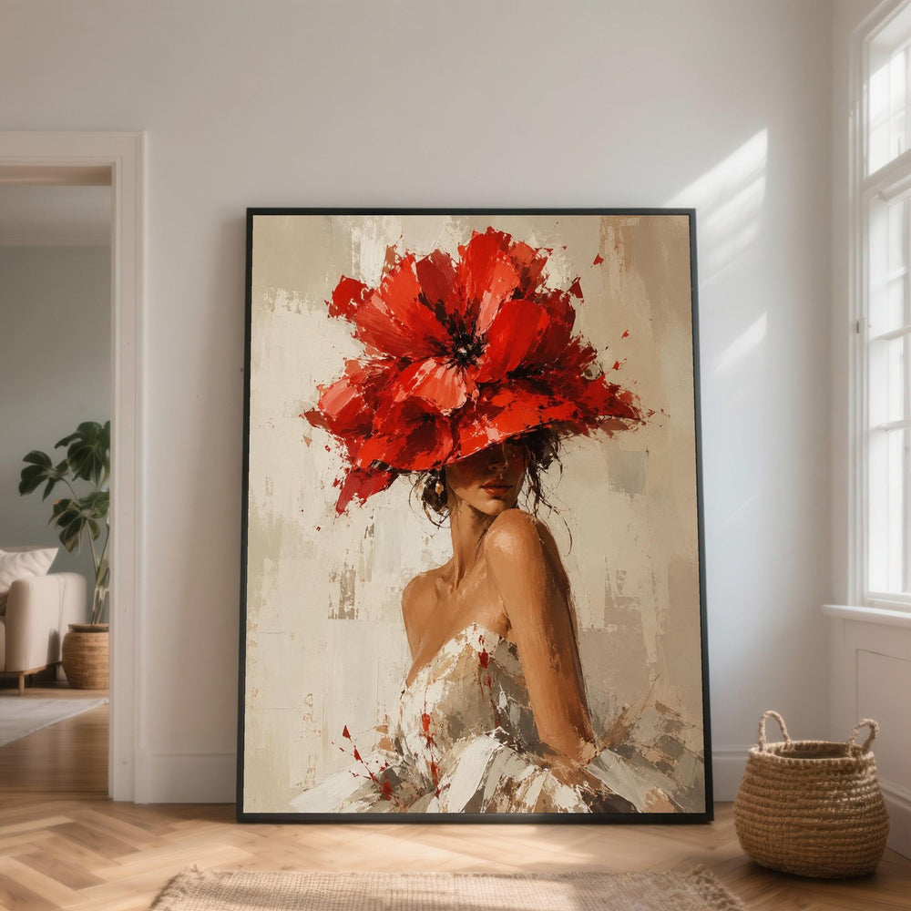 Elegant Woman Portrait Canvas, Red Floral Hat Artwork, Fashion Wall Art, Contemporary Female Canvas, Chic Home Decoration