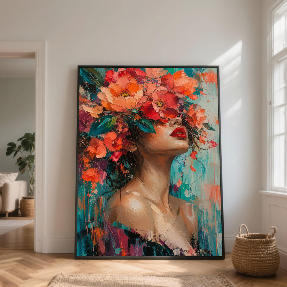 Woman with Floral Crown Canvas Wall Art, Modern Female Portrait, Colorful Flower Headpiece, Vibrant Decorative Canvas, Elegant Home Art