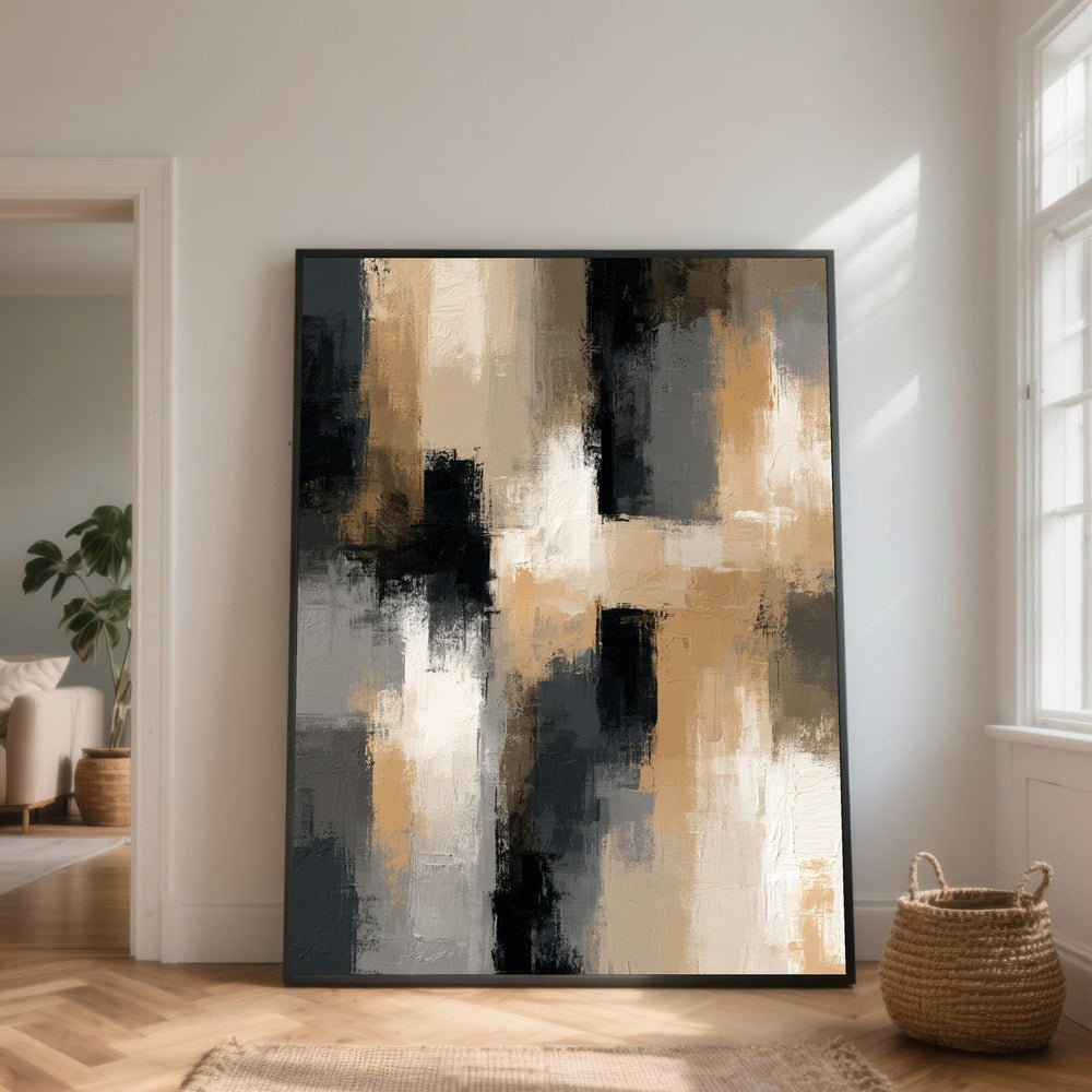 Neutral Abstract Canvas Wall Art, Modern Brush Stroke Design, Beige and Black Color Palette, Contemporary Living Room Decoration